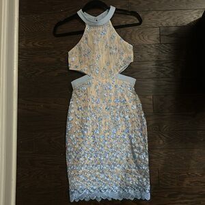 NBW- blue floral cocktail dress w/ open back - S